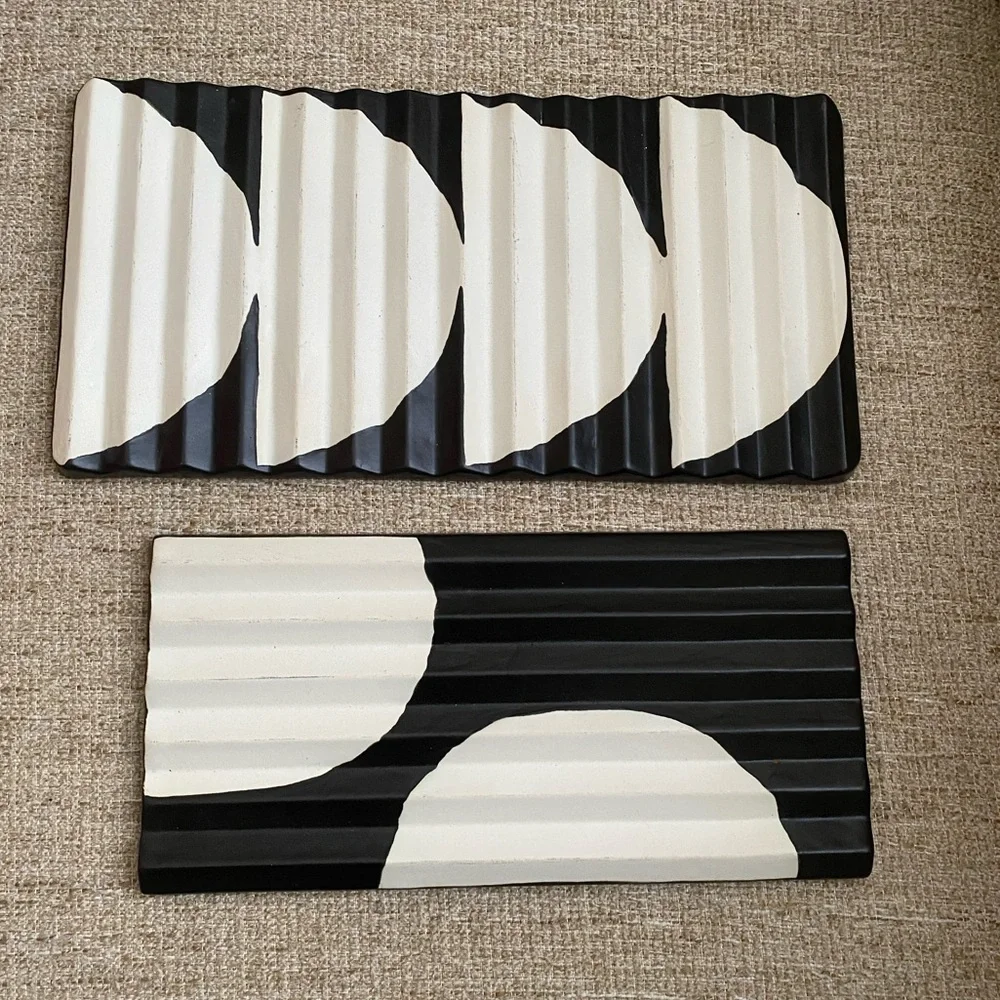 Set of 2 Crate & Barrel Black and White Geometric Ceramic Trays